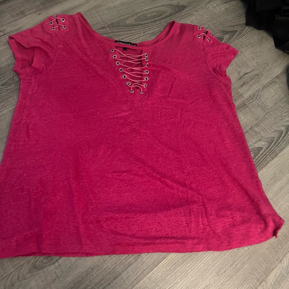 Generation Love-hot Pink tee with criss cross detail at chest size L
